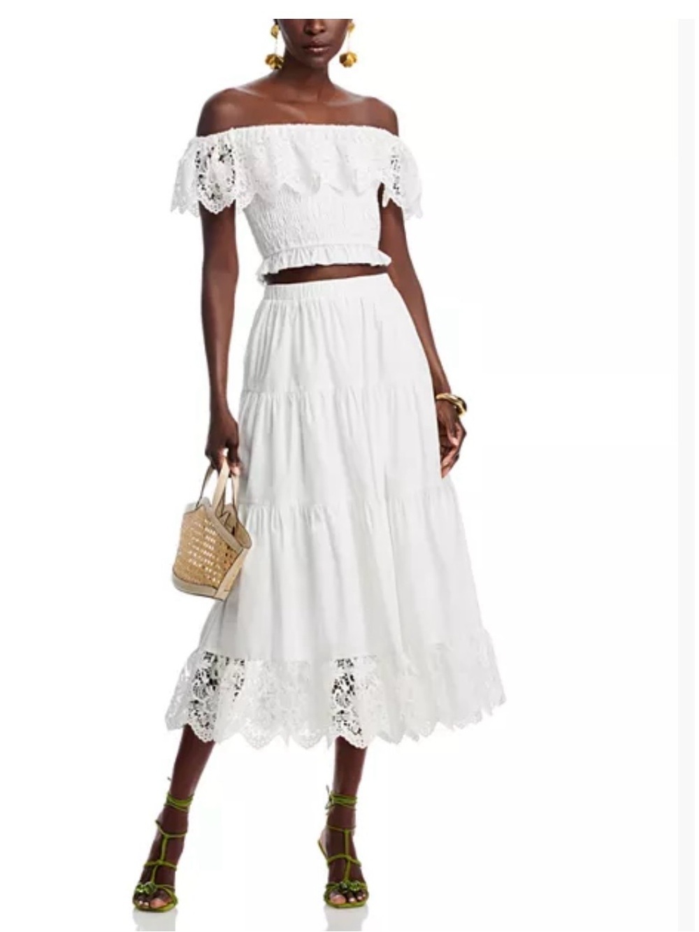 Aqua White Tiered Midi Skirt with Lace Hem